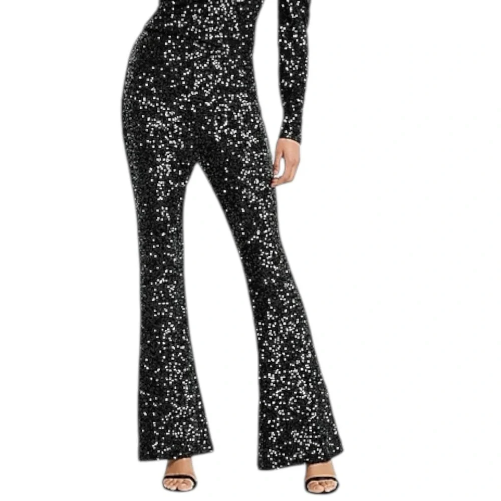 Express Super High Waisted Sequin Flare Pant Black Size Small - Picture 3 of 10